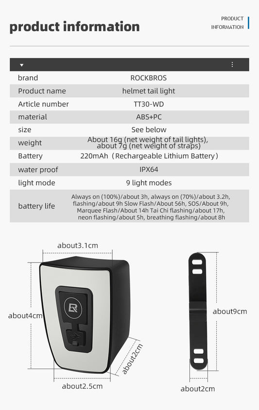 ROCKBROS Compact Red Helmet Light TT30-WD