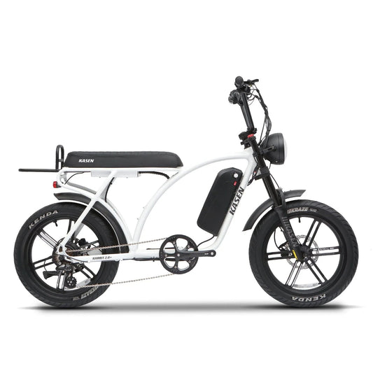 White Kasen Kabbit Plus eBike packaged inside a cardboard shipping box.