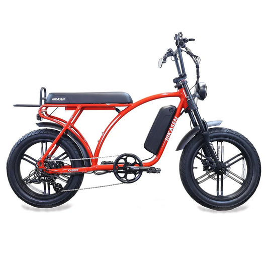 Red Kasen Kabbit Plus eBike packaged inside a black box, product image showing the bike in its box.