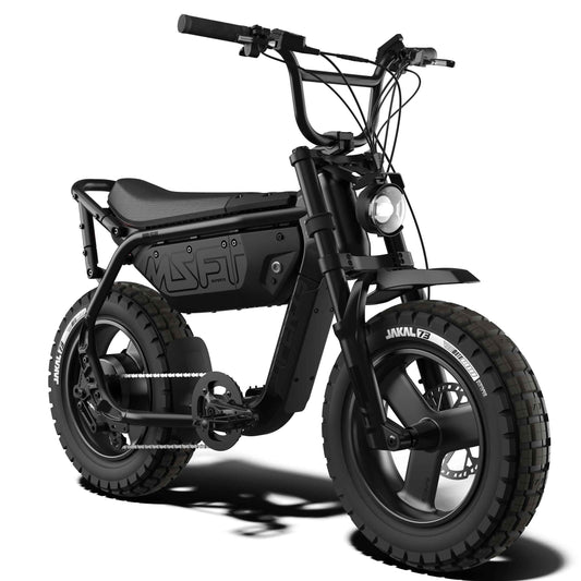 Super73 MZFT SE electric bike in Blackout color, side view, black frame with minimalist design, thick tires, and compact build