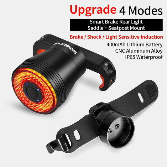 ROCKBROS Q5 Smart Brake & Tail Light - USB Rechargeable, Waterproof