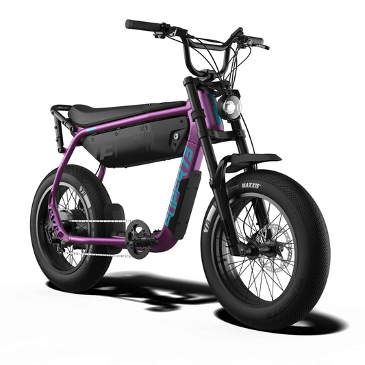 Side view of the eMOTO eBike Super73 B1G SE in a showroom, highlighting its frame, tires, and handlebars.