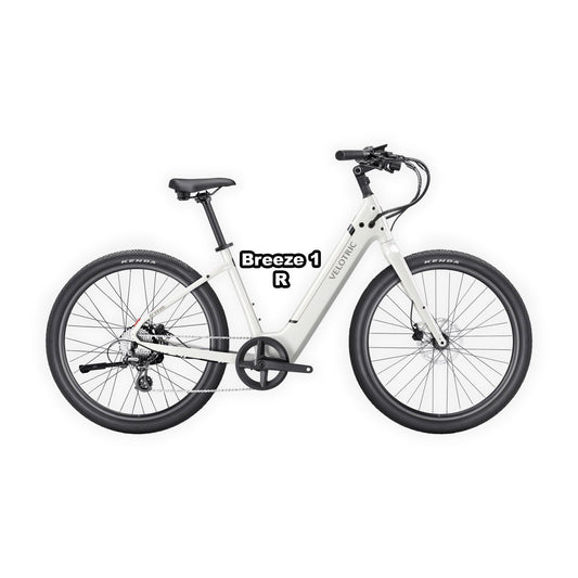 Velotric Breeze 1 eBike in Satin White, regular frame, shown in box with packaging, product image, UPC 850060178801