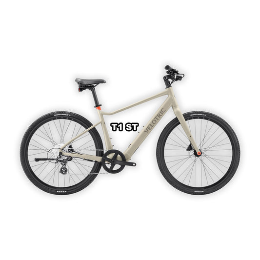 Velotric T1 ST eBike in sand color shown inside its box, product packaging visible