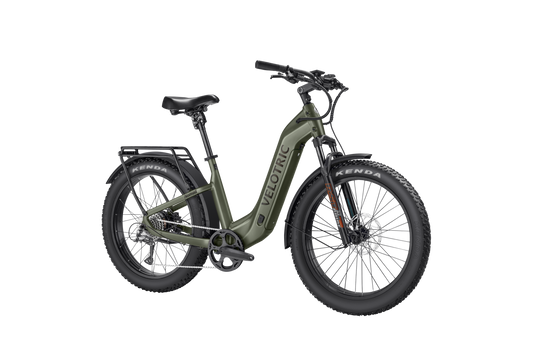 Olive green Velotric Nomad 2 electric bike, side view, against a plain background