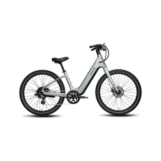 Aventon Pace 5 REC Step-Thru electric bike in Glacier Mint color, side view, against a white background