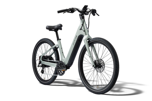 Aventon Pace 5 REC Step-Thru electric bike in Glacier Mint color, side view, displayed on a white background
