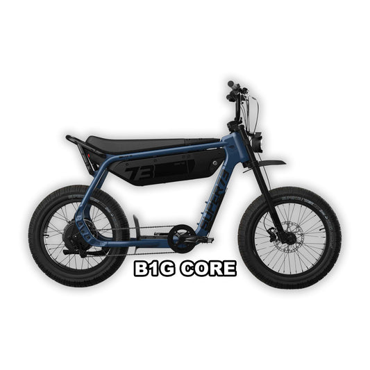 Super73 B1G Core eMOTO eBike in Slate color, shown in its original packaging inside the box