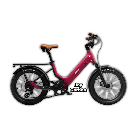 Urtopia Joy eBike in rose red color, shown inside its box with packaging materials, product displayed as new and unopened.