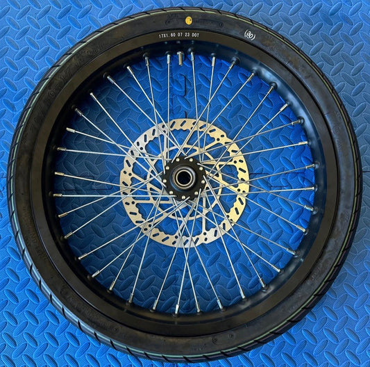 eMoto CST Super Moto CST 17X1.6 front wheel and tire set for eMoto bikes, made for Talaria, Surron, ERIDE Pro, and Throne, available at eBike Super Shop, providing superior grip and handling for both on-road and off-road conditions with lasting durability.