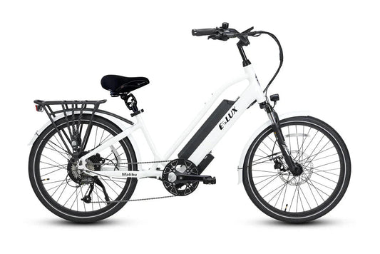 Gloss white ELUX Malibu Mini 750W Step-Thru electric beach cruiser eBike, 24-inch street tires, side view, product image.