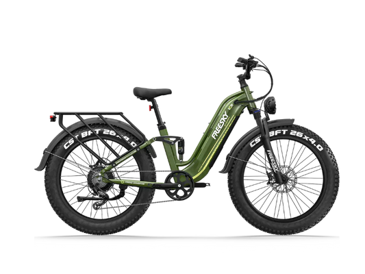 Green Freesky Wild Cat Ultra A-340 eBike, side view, showcasing frame design and tires