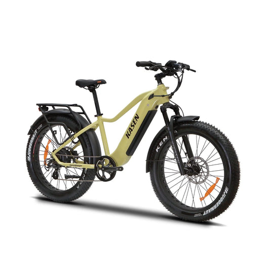 Blue Kasen Ranger eBike packaged in a cardboard box, showing 15AH and 20AH battery options.