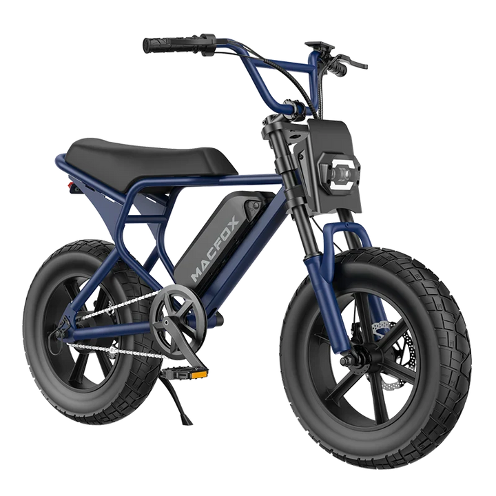 Navy blue Macfox M16 eBike side view with black tires and silver accents