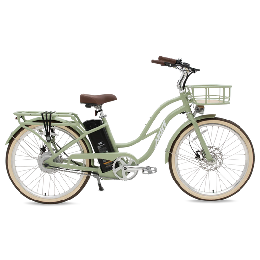 Sage green Murf Gigi 2.0 electric bike side view with step-through frame, wide tires, and rear rack.