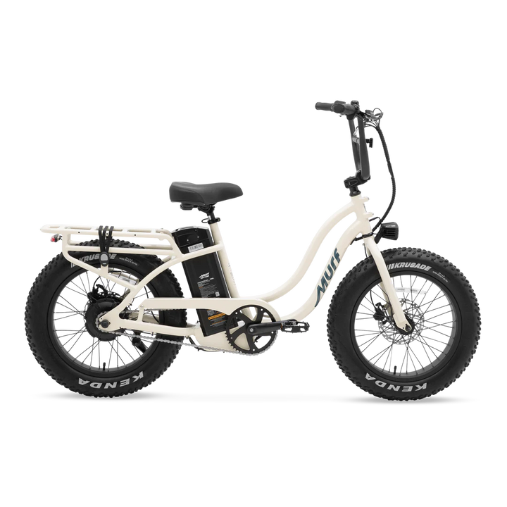 Side view of a Murf Higgs ST eBike in Bone color, showcasing its step-through frame, wide tires, and minimalist design against a plain background.