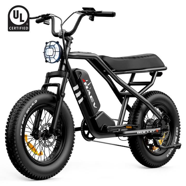 Metallic black Raev Bullet X eBike side view, showcasing sleek frame and modern design