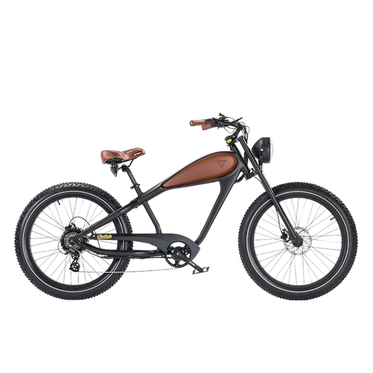 Brown eBike Revi Cheetah electric bicycle side view with leather saddle and retro design