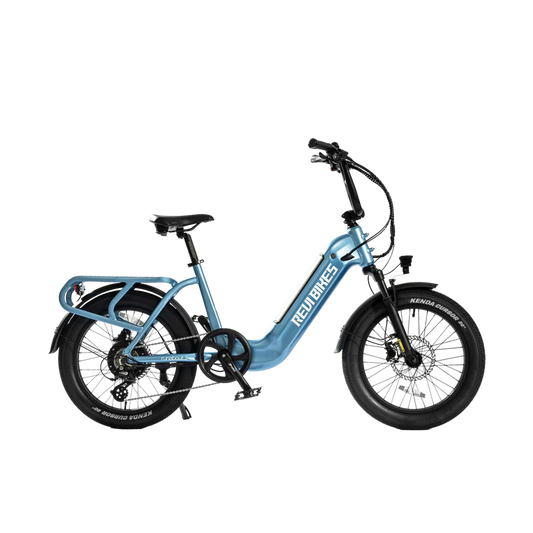 Water blue eBike Revi Runabout.2 electric bicycle side view against a white background