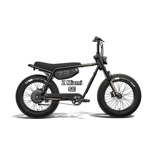 Super73 Z Miami electric bike in Box Blackout color, side view, displayed against a plain background