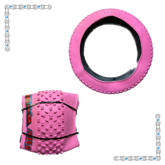 Pink 20" x 4" knobby eBike tire for fat tire electric bike, shown in product image
