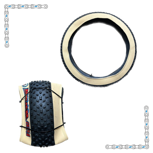 26" x 4" black knobby fat tire with tan wall for electric bike, product image showing tread pattern and sidewall design