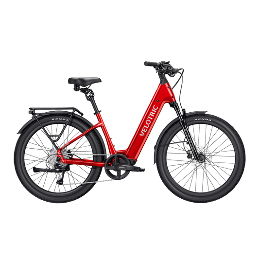 A cherry crimson Velotric Discover 3 eBike shown from the side, highlighting its sleek frame, integrated battery, and upright handlebars.