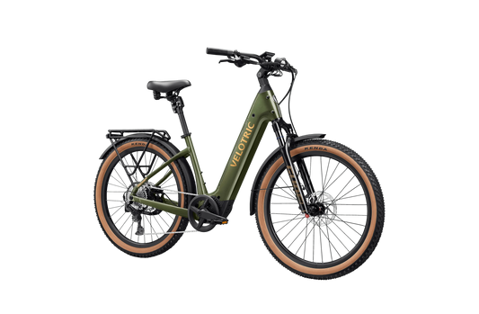 Velotric Discover M eBike in Olivine Green, side view, showcasing frame design and features