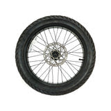 Front view of Super73 Z1 eBike wheel assembly showing the complete front wheel with tire, spokes, and axle.