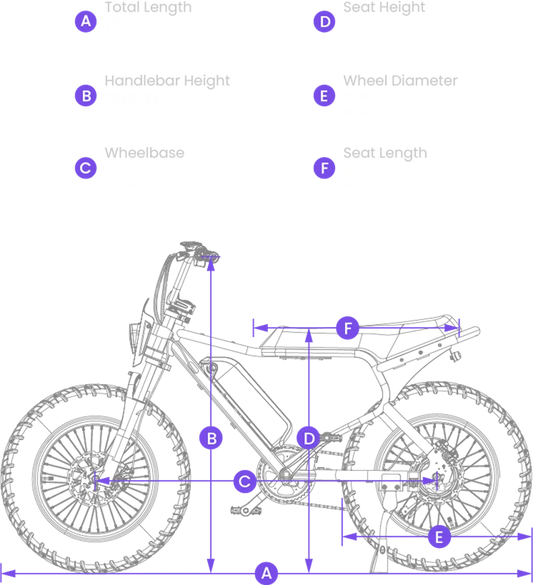 Size guide for the Macfox X7L eBike, displaying bike dimensions and measurements for reference.