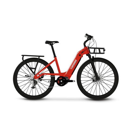 Red eBike Superhuman Moonrider model R2R, side view, sleek design, black accents, modern electric bicycle