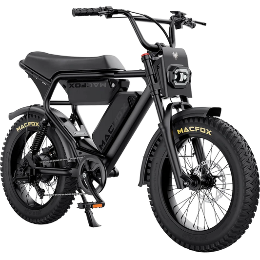 Electric bike Macfox X2 with dual battery and fenders, side view, black frame, outdoors on pavement.