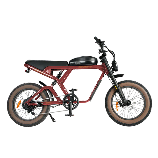 Red eMOTO eBike Revi Cougar Pro electric bicycle, side view, against a white background
