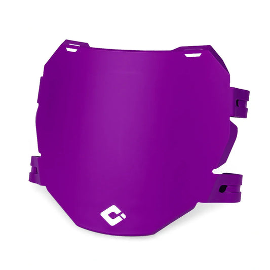 Purple ODI eMOTO downhill number plate with bold white lettering, displayed against a plain background.