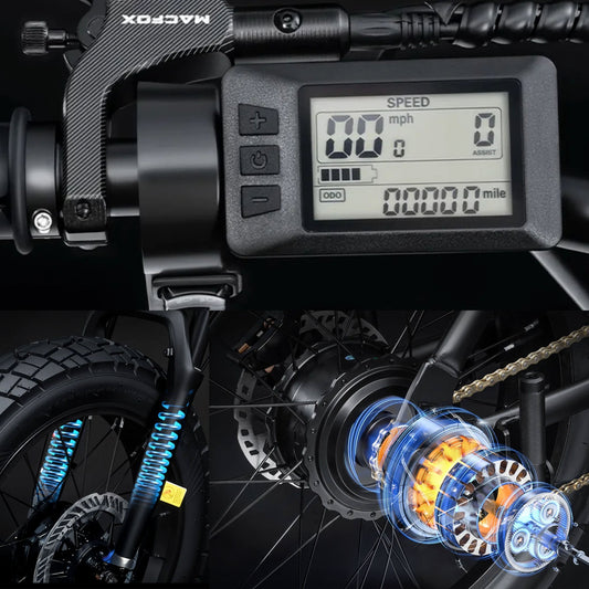 Black eMOTO MACFOX X7 electric bike, side view, on a white background