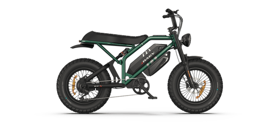 Metallic green eMOTO RAEV Bullet GTX electric bike with 1500W motor, dual suspension, and moto-style design, side view