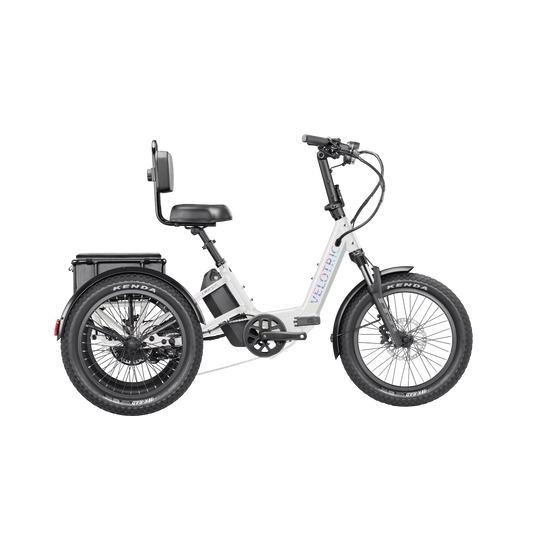 Pearl White Velotric Triker eTrike, side view, showcasing three wheels and modern design
