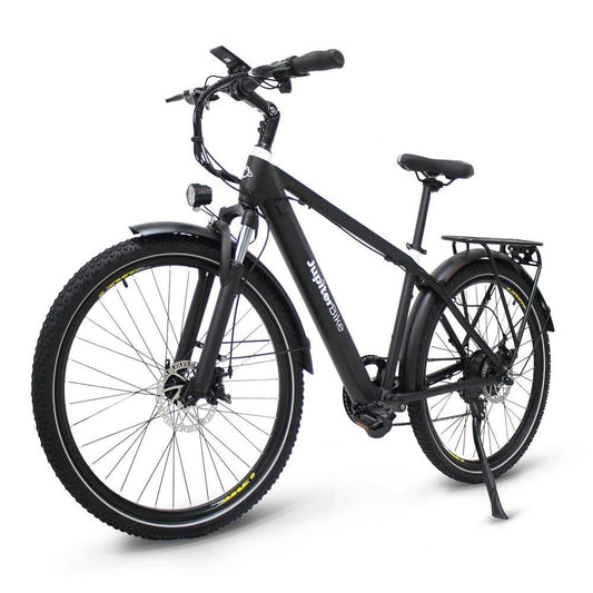 JUPITER Electric Town eBike Tempo-Step Over, 350W electric road bike, side view, black frame, upright handlebars, city background