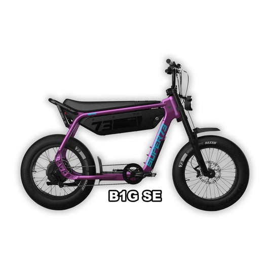 Super73 B1G SE eMOTO eBike in Cullenberry color, shown in its original box, unopened and packaged for delivery