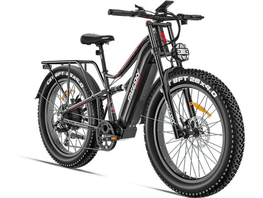 A black Freesky Swift Horse Pro X-6E electric mountain bike with fat tires, front suspension, and a rear rack, displayed on a white background.