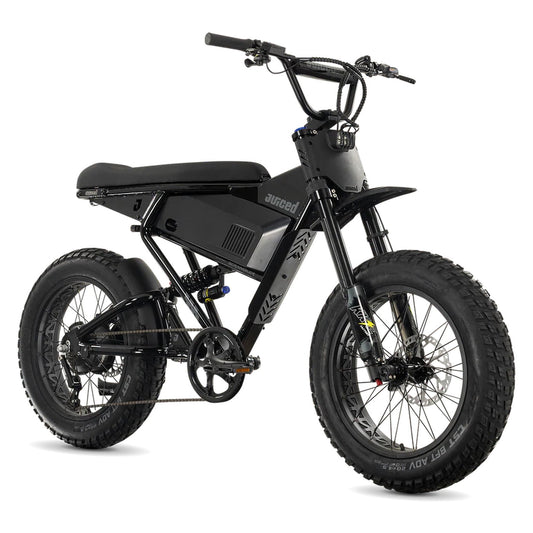 Juiced Scrambler full suspension electric bike with single battery in blackberry color, side view