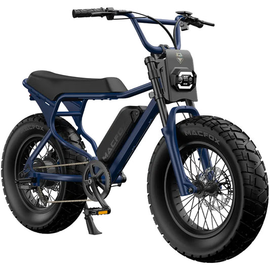 Navy blue Macfox X7 eBike, side view, isolated on a white background