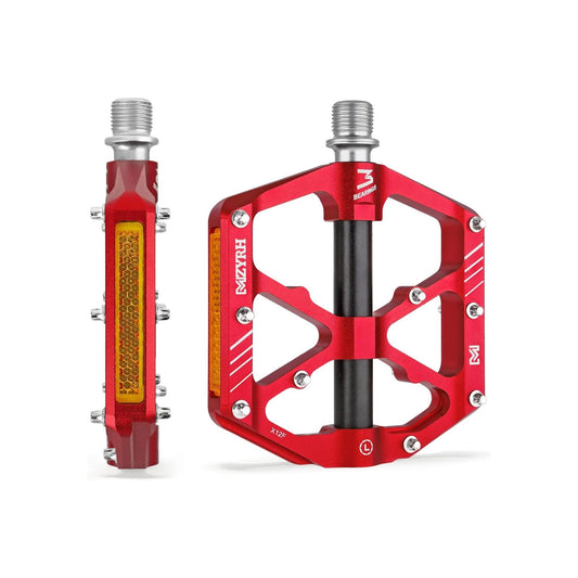 Red alloy bicycle pedals with reflectors, shown in product image for 16-inch bike.