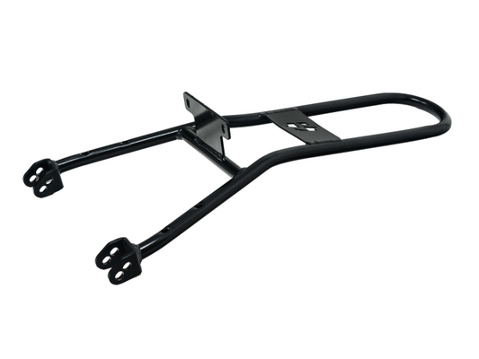 Chrome Stomp Ebox Dragster sissy bar and luggage rack mounted on a motorcycle, side view, against a plain background.