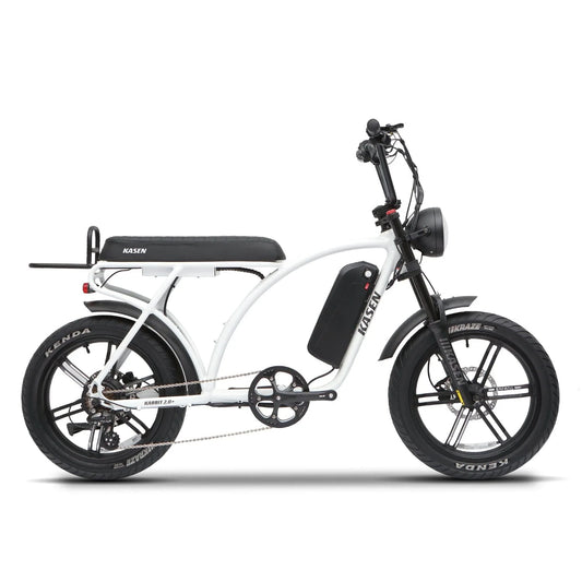White KASEN Kabbit Plus 2.0 electric bike with 1000W motor, 20x4 fat tires, and e-moto style design.