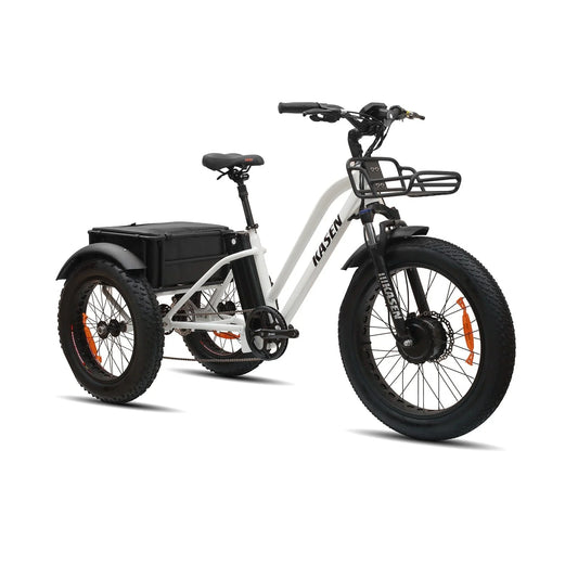 Front view of a white KASEN Trike 500W electric trike with 20x4 fat tires and three wheels.