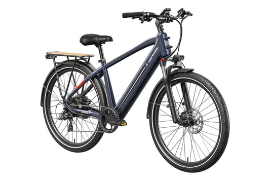 Side view of the MOKWHEEL Asphalt 2.0 eBike in matte black, showing its step-through frame, wide tires, rear rack, and integrated battery.