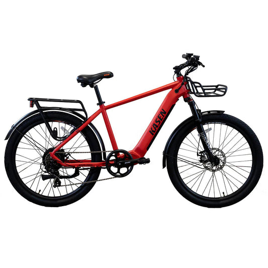 Red Kasen Cross eBike packaged inside a cardboard shipping box.