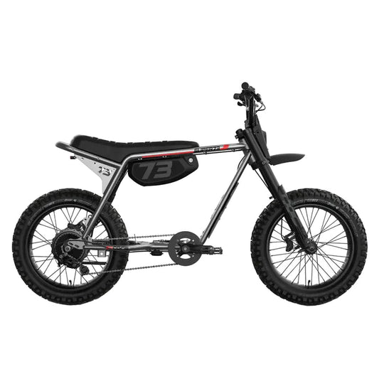 Super73 Z Adventure Series eBike in Metallic Aluminum, side view, showcasing rugged frame and off-road tires