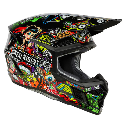 O'Neal 3 SRS eMOTO Helmet in Crank Multi design, XL adult size, front and side view